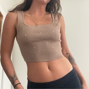 Better Be Tan Ribbed Tank Top with Pearl Details